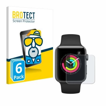 Vorderseite einer Produktverpackung mit dem Markenlogo BROTECT. Daneben ist das Gerät Apple Watch Series 3 (42 mm) mit dem zug