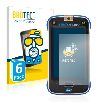 Vorderseite einer Produktverpackung mit dem Markenlogo BROTECT. Daneben ist das Gerät Vtech Kidicom Max mit dem zugehörigen Di