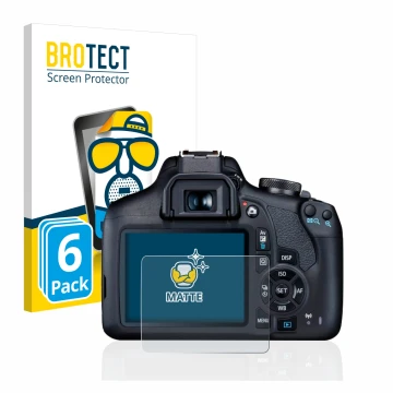 Vorderseite einer Produktverpackung mit dem Markenlogo BROTECT. Daneben ist das Gerät Canon EOS 2000D mit dem zugehörigen Disp
