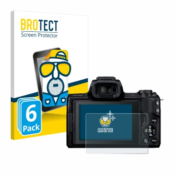 Vorderseite einer Produktverpackung mit dem Markenlogo BROTECT. Daneben ist das Gerät Canon EOS M50 mit dem zugehörigen Displa