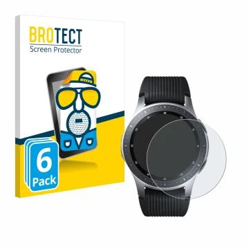 Vorderseite einer Produktverpackung mit dem Markenlogo BROTECT. Daneben ist das Gerät Samsung Galaxy Watch (46 mm) mit dem zug