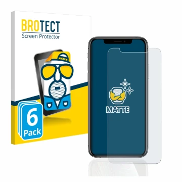 Vorderseite einer Produktverpackung mit dem Markenlogo BROTECT. Daneben ist das Gerät Apple iPhone Xs mit dem zugehörigen Disp