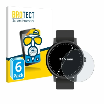 Vorderseite einer Produktverpackung mit dem Markenlogo BROTECT. Daneben ist das Gerät Armbanduhren (Kreisrund, ø: 37.5 mm) mit
