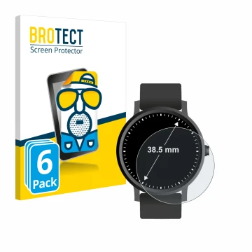 Vorderseite einer Produktverpackung mit dem Markenlogo BROTECT. Daneben ist das Gerät Armbanduhren (Kreisrund, ø: 38.5 mm) mit