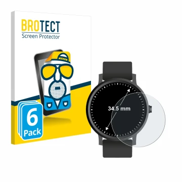 Vorderseite einer Produktverpackung mit dem Markenlogo BROTECT. Daneben ist das Gerät Armbanduhren (Kreisrund, ø: 34.5 mm) mit