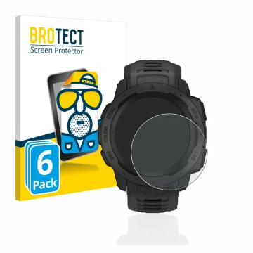 Vorderseite einer Produktverpackung mit dem Markenlogo BROTECT. Daneben ist das Gerät Garmin Instinct mit dem zugehörigen Disp