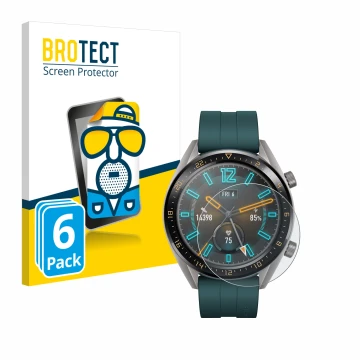 Vorderseite einer Produktverpackung mit dem Markenlogo BROTECT. Daneben ist das Gerät Huawei Watch GT Active mit dem zugehörig