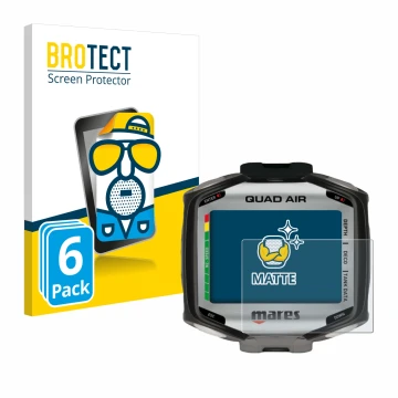 Vorderseite einer Produktverpackung mit dem Markenlogo BROTECT. Daneben ist das Gerät Mares Quad Air mit dem zugehörigen Displ