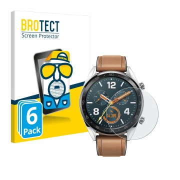 Vorderseite einer Produktverpackung mit dem Markenlogo BROTECT. Daneben ist das Gerät Huawei Watch GT Classic mit dem zugehöri