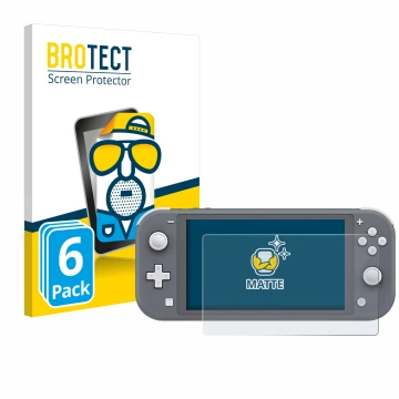 Vorderseite einer Produktverpackung mit dem Markenlogo BROTECT. Daneben ist das Gerät Nintendo Switch Lite mit dem zugehörigen
