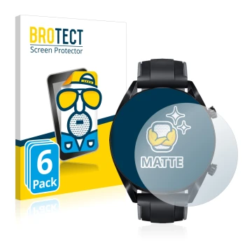 Vorderseite einer Produktverpackung mit dem Markenlogo BROTECT. Daneben ist das Gerät Huawei Watch GT 2 (46 mm) mit dem zugehö