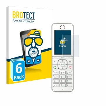 Vorderseite einer Produktverpackung mit dem Markenlogo BROTECT. Daneben ist das Gerät AVM Fritz!Fon C6 mit dem zugehörigen Dis