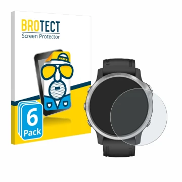 Vorderseite einer Produktverpackung mit dem Markenlogo BROTECT. Daneben ist das Gerät Garmin Fenix 6S mit dem zugehörigen Disp