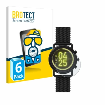 Vorderseite einer Produktverpackung mit dem Markenlogo BROTECT. Daneben ist das Gerät Skagen Smartwatch Falster 3 mit dem zuge