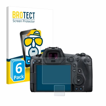 Vorderseite einer Produktverpackung mit dem Markenlogo BROTECT. Daneben ist das Gerät Canon EOS R5 mit dem zugehörigen Display