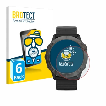 Vorderseite einer Produktverpackung mit dem Markenlogo BROTECT. Daneben ist das Gerät Garmin Fenix 6X Pro Solar mit dem zugehö