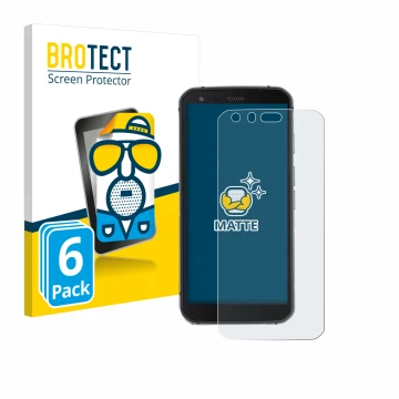 Vorderseite einer Produktverpackung mit dem Markenlogo BROTECT. Daneben ist das Gerät Caterpillar Cat S62 Pro mit dem zugehöri