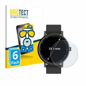 Vorderseite einer Produktverpackung mit dem Markenlogo BROTECT. Daneben ist das Gerät Armbanduhren (Kreisrund, ø: 33.5 mm) mit