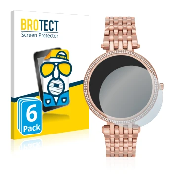 Vorderseite einer Produktverpackung mit dem Markenlogo BROTECT. Daneben ist das Gerät Michael Kors Access Darci Gen 5E mit dem