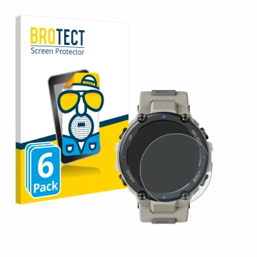 Vorderseite einer Produktverpackung mit dem Markenlogo BROTECT. Daneben ist das Gerät Huami Amazfit T-Rex Pro mit dem zugehöri