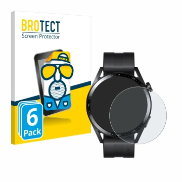 Vorderseite einer Produktverpackung mit dem Markenlogo BROTECT. Daneben ist das Gerät Huawei Watch GT 3 (46 mm) mit dem zugehö