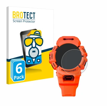 Vorderseite einer Produktverpackung mit dem Markenlogo BROTECT. Daneben ist das Gerät Casio G-Shock GBA-900 mit dem zugehörige