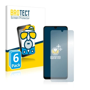 Vorderseite einer Produktverpackung mit dem Markenlogo BROTECT. Daneben ist das Gerät Samsung Galaxy A22 4G mit dem zugehörige