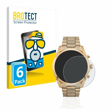 Vorderseite einer Produktverpackung mit dem Markenlogo BROTECT. Daneben ist das Gerät Michael Kors Access Gen 6 Bradshaw mit d