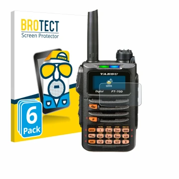 Vorderseite einer Produktverpackung mit dem Markenlogo BROTECT. Daneben ist das Gerät Yaesu FT-70DR mit dem zugehörigen Displa