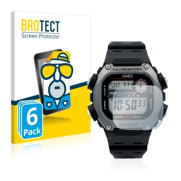Vorderseite einer Produktverpackung mit dem Markenlogo BROTECT. Daneben ist das Gerät Casio DW-291H mit dem zugehörigen Displa