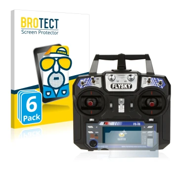 Vorderseite einer Produktverpackung mit dem Markenlogo BROTECT. Daneben ist das Gerät FlySky FS-i6 mit dem zugehörigen Display