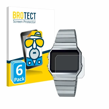 Vorderseite einer Produktverpackung mit dem Markenlogo BROTECT. Daneben ist das Gerät Casio A700WE mit dem zugehörigen Display