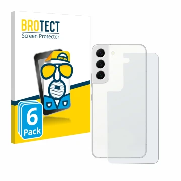 Vorderseite einer Produktverpackung mit dem Markenlogo BROTECT. Daneben ist das Gerät Samsung Galaxy S22 5G (Rückseite) mit de