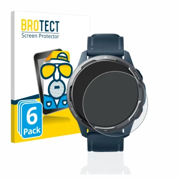 Vorderseite einer Produktverpackung mit dem Markenlogo BROTECT. Daneben ist das Gerät Xiaomi Watch S1 Active mit dem zugehörig