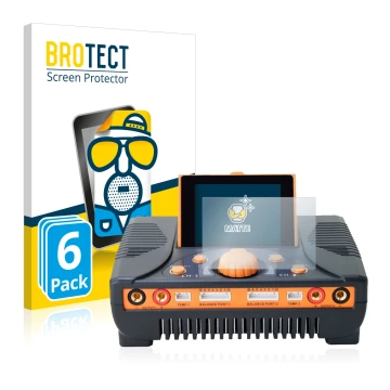 Vorderseite einer Produktverpackung mit dem Markenlogo BROTECT. Daneben ist das Gerät Junsi iCharger 406 Duo mit dem zugehörig