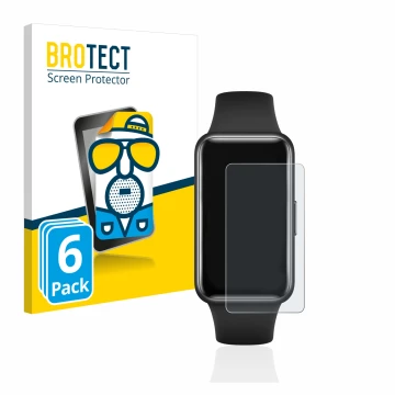 Vorderseite einer Produktverpackung mit dem Markenlogo BROTECT. Daneben ist das Gerät Huawei Band 7 mit dem zugehörigen Displa