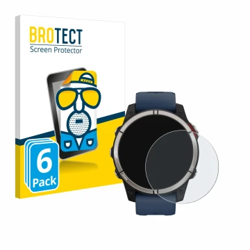 Vorderseite einer Produktverpackung mit dem Markenlogo BROTECT. Daneben ist das Gerät Garmin quatix 7 mit dem zugehörigen Disp