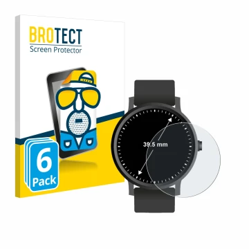 Vorderseite einer Produktverpackung mit dem Markenlogo BROTECT. Daneben ist das Gerät Armbanduhren (Kreisrund, ø: 39.5 mm) mit