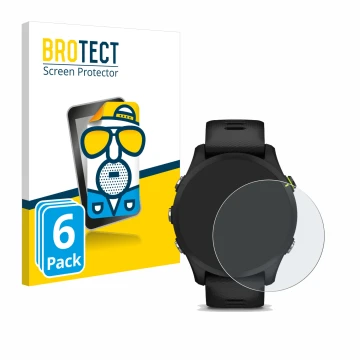 Vorderseite einer Produktverpackung mit dem Markenlogo BROTECT. Daneben ist das Gerät Garmin Forerunner 255 Music mit dem zuge