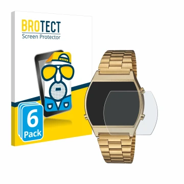Vorderseite einer Produktverpackung mit dem Markenlogo BROTECT. Daneben ist das Gerät Casio Retro B640WB mit dem zugehörigen D