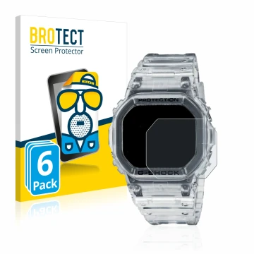 Vorderseite einer Produktverpackung mit dem Markenlogo BROTECT. Daneben ist das Gerät Casio G-Shock DW-5600SKE-7 mit dem zugeh