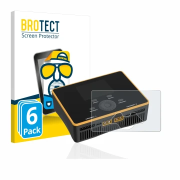 Vorderseite einer Produktverpackung mit dem Markenlogo BROTECT. Daneben ist das Gerät Junsi iCharger DX8 Duo mit dem zugehörig
