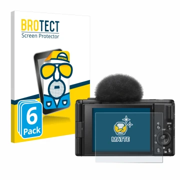 Vorderseite einer Produktverpackung mit dem Markenlogo BROTECT. Daneben ist das Gerät Sony ZV-1F mit dem zugehörigen Displaysc