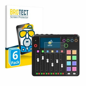 Vorderseite einer Produktverpackung mit dem Markenlogo BROTECT. Daneben ist das Gerät Rode Rodecaster Pro II mit dem zugehörig