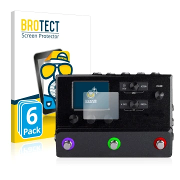 Vorderseite einer Produktverpackung mit dem Markenlogo BROTECT. Daneben ist das Gerät Line 6 hx stomp mit dem zugehörigen Disp