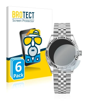 Vorderseite einer Produktverpackung mit dem Markenlogo BROTECT. Daneben ist das Gerät Rolex Datejust 31 mit dem zugehörigen Di