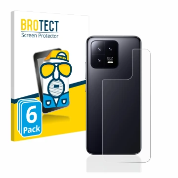 Vorderseite einer Produktverpackung mit dem Markenlogo BROTECT. Daneben ist das Gerät Xiaomi 13 (Rückseite) mit dem zugehörige