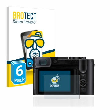 Vorderseite einer Produktverpackung mit dem Markenlogo BROTECT. Daneben ist das Gerät Leica Q3 mit dem zugehörigen Displayschu