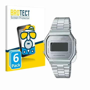 Vorderseite einer Produktverpackung mit dem Markenlogo BROTECT. Daneben ist das Gerät Casio A168WEM-7EF mit dem zugehörigen Di