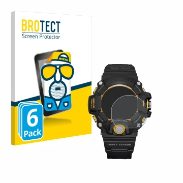 Vorderseite einer Produktverpackung mit dem Markenlogo BROTECT. Daneben ist das Gerät Casio G-Shock GW-9400Y-1 mit dem zugehör